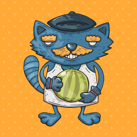 Cartoon cat with a mustache holds a watermelon. Cartoon illustration in comic trendy style.のイラスト素材