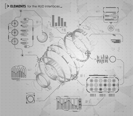 black and white infographic elements. HUD UI for business app. Futuristic user interface. Abstract virtual graphic touch user interface.のイラスト素材