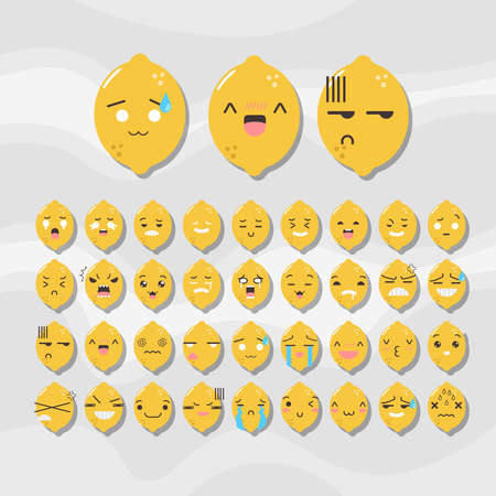 Set of cute fruit smiley. Lemon emoticons.のイラスト素材
