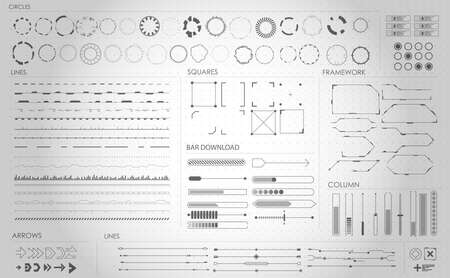 set of black and white infographic elements. Head-up display elements for the web and app. Futuristic user interface. Virtual graphic.のイラスト素材