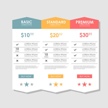 Set offer tariffs. ui ux vector banner for web app. set pricing table, order, box, button, list with plan for website in flat designのイラスト素材