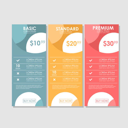 Set offer tariffs. ui ux vector banner for web app. set pricing table, order, box, button, list with plan for website in flat designのイラスト素材