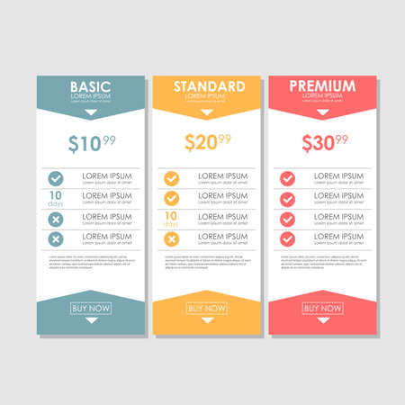 Set offer tariffs. ui ux vector banner for web app. set pricing table, order, box, button, list with plan for website in flat designのイラスト素材