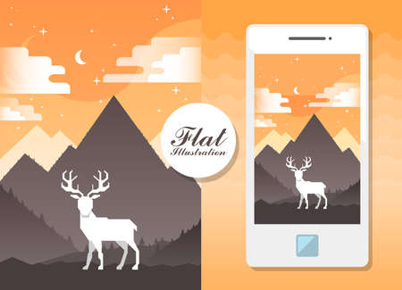 flat landscape with deer. flat illustrationのイラスト素材