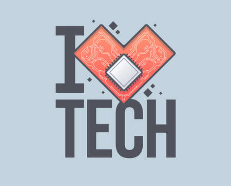 Vector circuit board background with heart. Technology concept template with an inscription I love Tech. Abstract electronic circuit board in shape of heart.のイラスト素材