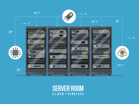 Data center and server room. Data storage and exchange service flat illustration. Cloud service equipment with hud elements.のイラスト素材
