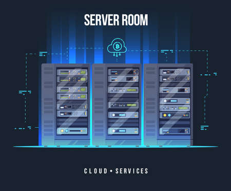 Data center and server room. Data storage and exchange service flat illustration. Cloud service equipment with hud elements.のイラスト素材