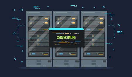 Data center and server room. Data storage and exchange service flat illustration. Cloud service equipment with hud elements.のイラスト素材