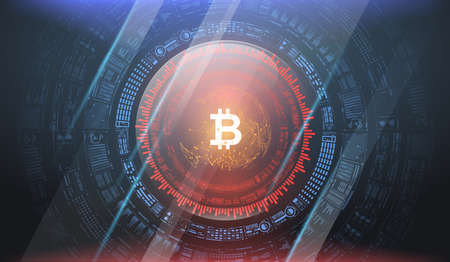 Bitcoin technology abstract visualization. Futuristic aesthetic design. Bitcoin background with HUD elements.の写真素材
