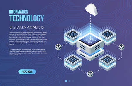 Concept of big data processing, Isometric data center, vector information processing and storage. Creative illustration with abstract geometric elements.のイラスト素材