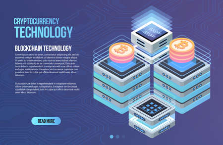 Blockchain network business template. Cryptocurrency and blockchain isometric composition. Mining Abstract Technology. Digital money system. Layout for web and app.のイラスト素材