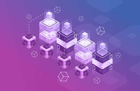 Concept of big data processing, Isometric data center, vector information processing and storage. Creative illustration with abstract geometric elements.のイラスト素材