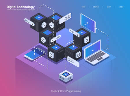 Software development and programming. Coding creative program or system process. Flat isometric...