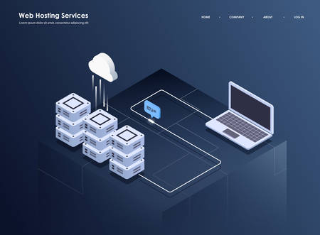 Concept of big data processing, Isometric data center, vector information processing and storage. Creative illustration with abstract geometric elements.のイラスト素材