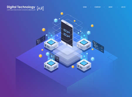 Isometric design concept virtual reality and augmented reality. AR and VR Development. Digital Media Technology for website and mobile app.のイラスト素材