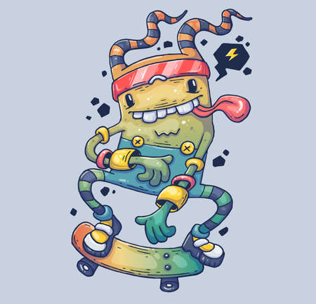 Cheerful monster on skateboard. Cartoon illustration for print and web. Character in the modern graphic style.のイラスト素材
