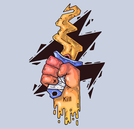 Curved knife in hand. Cartoon illustration for print and web. Character in the modern graphic style.のイラスト素材