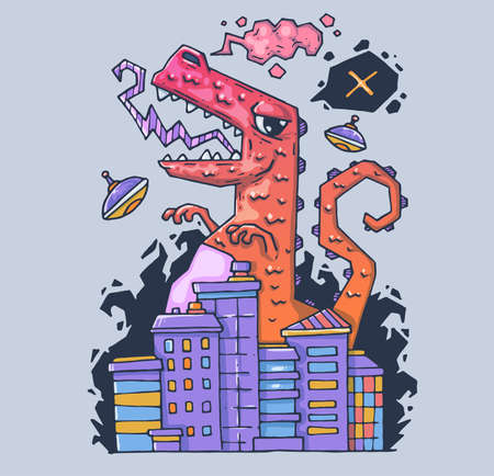 A huge monster destroys the city. The dinosaur is the destroyer. Cartoon illustration for print and web. Character in the modern graphic style.のイラスト素材