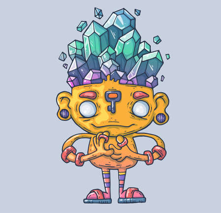 A funny creature with crystals on its head. A fabulous monk guarding the magic stones. Cartoon illustration for print and web. Character in the modern graphic style.のイラスト素材