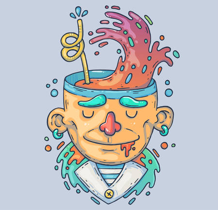Strange guy with a cocktail in his head. Cartoon illustration for print and web. Character in the modern graphic style.のイラスト素材