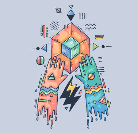 Mystical rite, geometric magic. Hands over the magic crystal. Cartoon illustration for print and web. Character in the modern graphic style.のイラスト素材