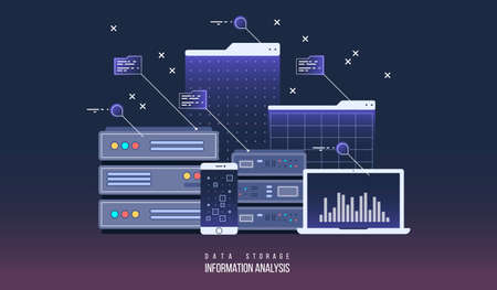 Server data center, flat illustration. Internet network technology and information cloud for...
