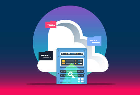 Cloud computing technology. Data center with hosting server racks. Website banner of business cloud computing. Modern vector illustration for web design.のイラスト素材