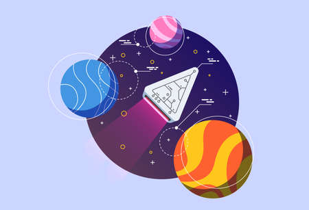 Space discovery concept illustration. Cartoon colorful fantasy planets on the night sky background.