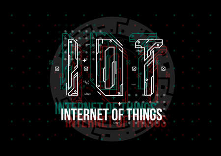 IOT. Conceptual Layout with HUD elements for print and web. Lettering with futuristic user interface elements.のイラスト素材