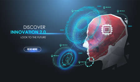 AI, future concept with futuristic HUD elements. Face Recognition. Cyber artificial intelligence, Robot face. Virtual assistant HUD user display technology.のイラスト素材