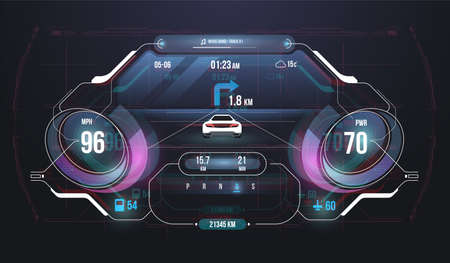Speed hud kilometer performance indicators dashboard. Car Instrument Panel. Tachometer, Data Display and Navigation. Virtual graphical interface Ui HUD Autoscann. Virtual graphic.のイラスト素材