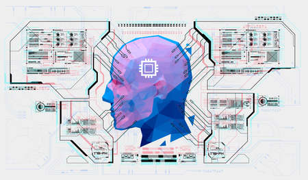 Advanced AI From Futuristic Hud interface. Facial Recognition System concept. AI artificial intelligence robot support. Machine learning technology concept.のイラスト素材