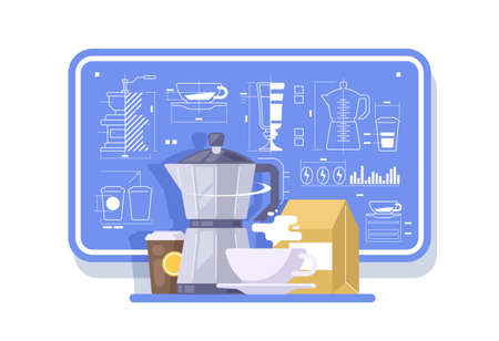The composition of coffee products. Coffee pot, mug, cup. Background in the style of technical drawings.のイラスト素材