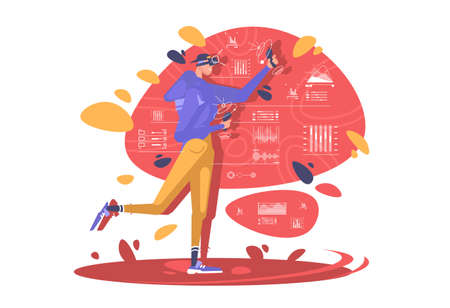 Young man using virtual reality glasses and touching vr interface. Boy moving objects around using a virtual reality VR headset.のイラスト素材