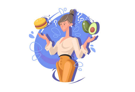 a young girl chooses food. The concept of choosing between healthy food and fast food. Diet and balanced nutrition.のイラスト素材