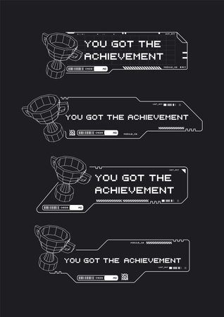 Achievement game screen. Space game design. Digital design elements hud style. Trendy shapes in cyberpunk style.のイラスト素材