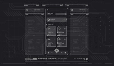 Sci-fi futuristic hud dashboard display virtual reality technology screen. Game ui screen, Abstract digital technology UI, UX Futuristic HUD, FUI, Virtual Interface.のイラスト素材