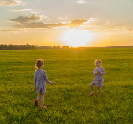 Two twin girls playing in the meadow at sunset. Happy childhood.の写真素材