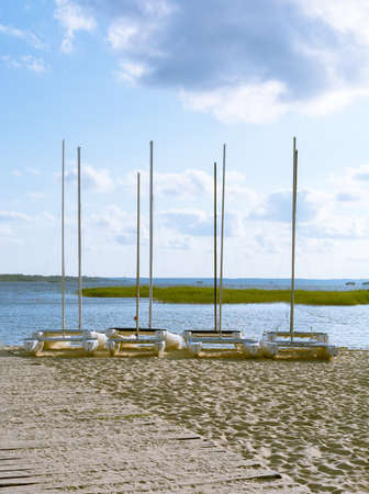 Four catamarans on the lake shoreの写真素材