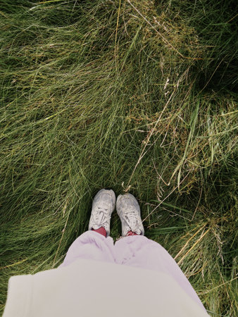 Close-up of woman's legs in sneakers standing on green grassの写真素材