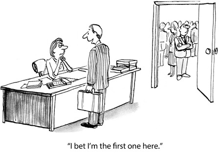 Cartoon of full meeting room and arriving businessman says I bet I\\\\の写真素材