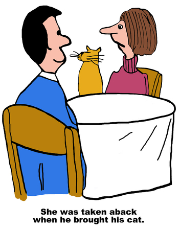 Cartoon of man and woman on date, she was taken aback when he brought his cat.の写真素材