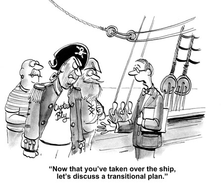 Cartoon of businessman discussing transition plan with pirate.の写真素材