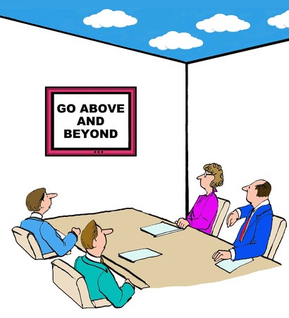 Business cartoon of meeting room with ceiling open to the sky, 'go above and beyond'.の写真素材