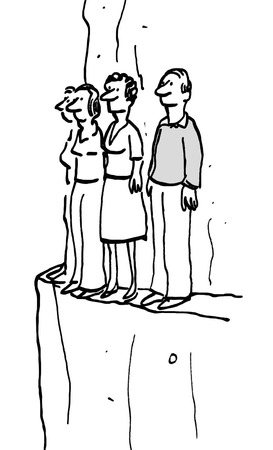 B&W business illustration of businesspeople standing on a narrow cliff edge.の写真素材