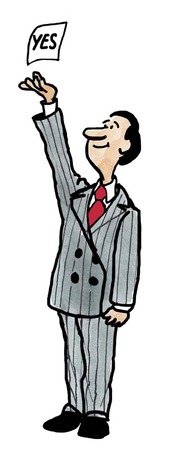 Color business illustration of businessman reaching for 'yes'.の写真素材