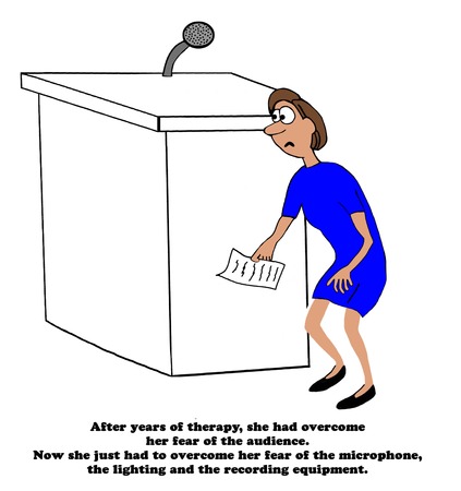 Business cartoon about a businesswoman exhibiting stage fright.の写真素材