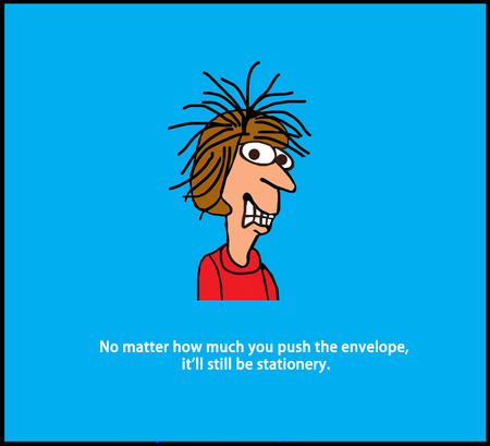 Cartoon illustration of a crazy, smiling woman and a punch about stationery.