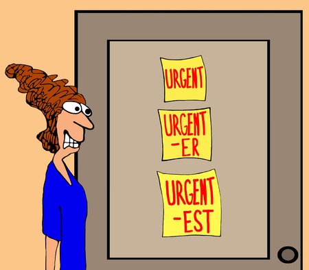 Business cartoon illustration showing a business woman stressed by the 'urgent' messages.の写真素材