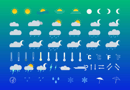 A set of weather icons on a gradient background. The background is located on the lower layer. The set includes symbols such as sun, cloudy, thunderstorm, temperature and more.のイラスト素材
